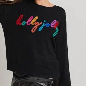 Black Sweater with Colorful 'hollyjolly' embellishments Size Medium